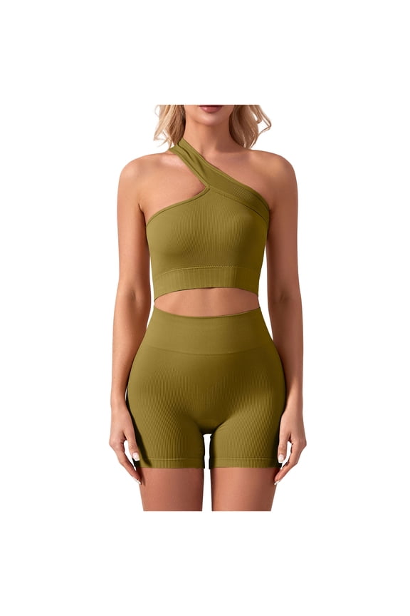 2 Piece Sets for Women Yoga One Shoulder Cross Crop Top and High Waist Shorts Solid Color Athletic Wear for Running Gym Training