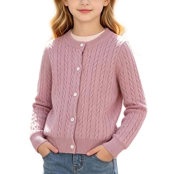 Guluxicc Kids Girls Solid Color Stretch Knit Cardigan Crew Neck Long Sleeve Sweater 1-10 Years
