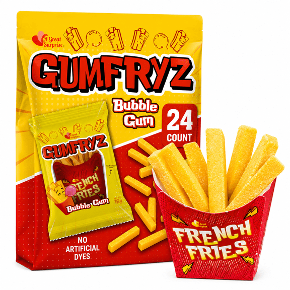Gum Fryz French Fries Bubble Gum, 24 Count Bulk Pack, Fry Shaped Novelty Bubble Gum Bags, No Artificial Dyes, Fun Candy for Party Favors, Birthdays, Goodie Bags & Kids Treats
