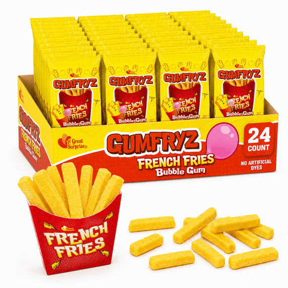 Gum Fryz French Fries Bubble Gum, 24 Count Bulk Pack, Fry Shaped Novelty Bubble Gum Bags, No Artificial Dyes, Fun Candy for Party Favors, Birthdays, Goodie Bags & Kids Treats
