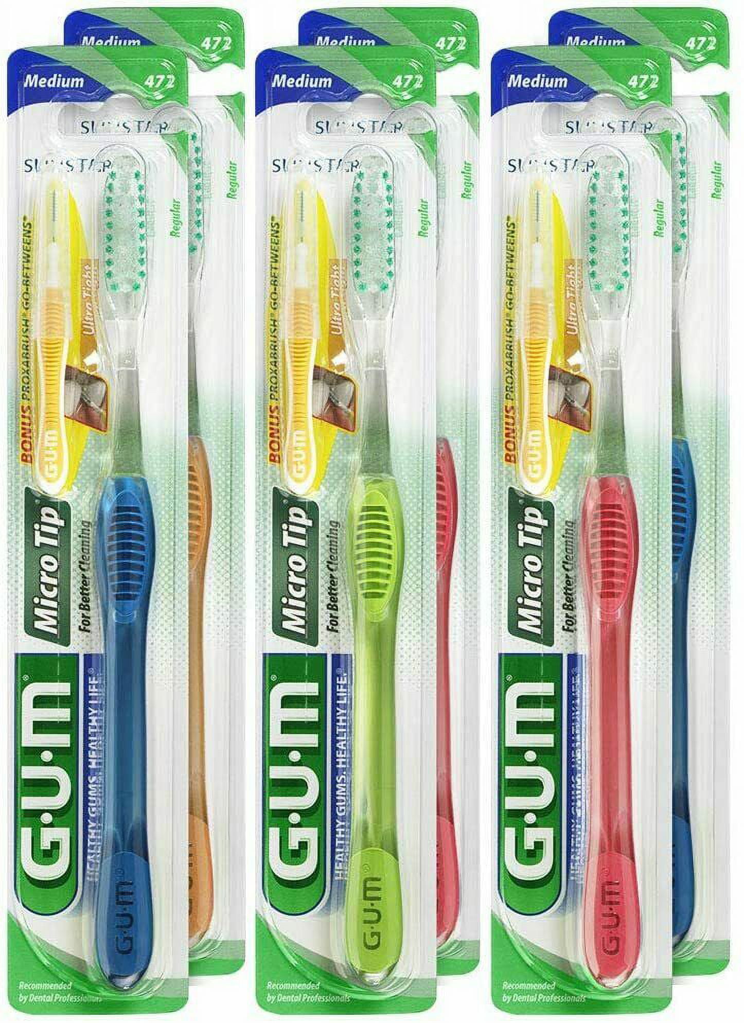Gum Micro Tip Toothbrush, Medium Bristles, Colors May Vary (Pack of 6