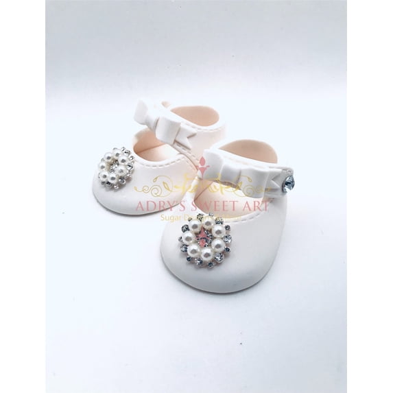 Gum Paste Baby Girl White Shoes With Rhinestones Flower Cake Topper