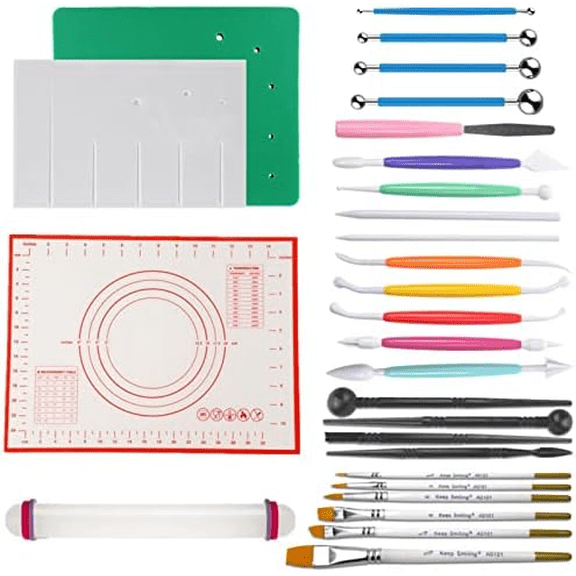 Gum Paste Flower and Leaf Tools Kit 10 Sugar Flower Modelling Tools 6 Cake Brush 4 Flower Petals Ball Tools 4 Frilling Stick 1 Fondant Flower Veining Board 1 Foam Pad 1 Silicone Mat 1 Rolling Pin