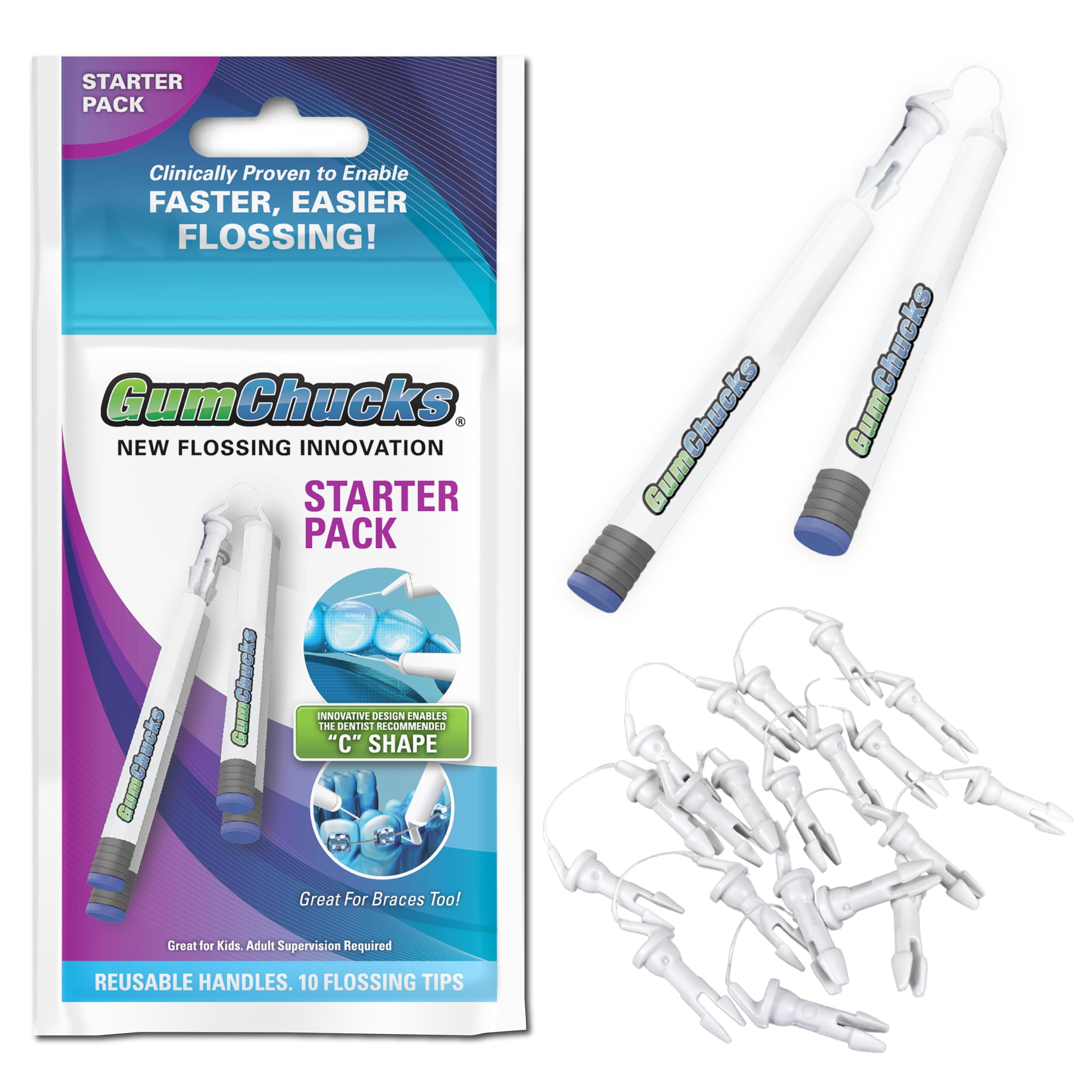GumChucks Orthodontic Flossers Dental TSF6Floss - Floss for Braces - Brace Floss Picks - Gum Flossing Picks - Ortho Dental Flossers (Adult Starter Pack)