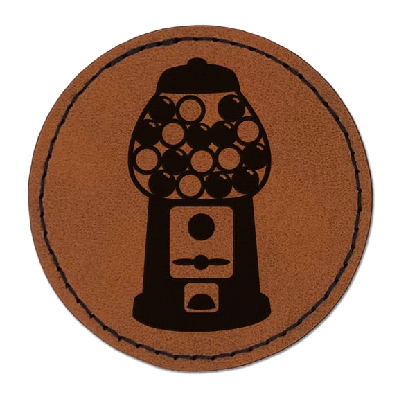 Gumball Machine 2.5" Faux Leather Round Engraved Iron-On Patch - Brown