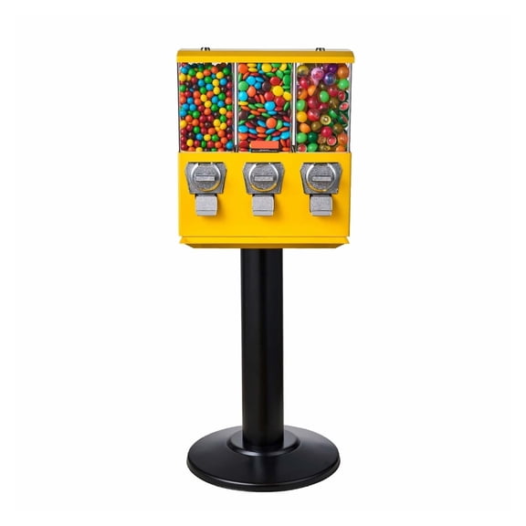 Gumball Machine Vending Coin Bank - Yellow Candy Dispenser Stand - 3 Slot - Vintage Style - Countertop & Floor Use