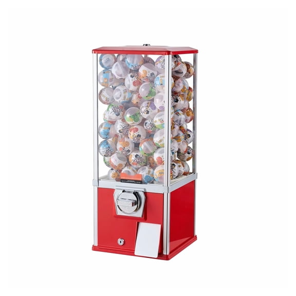 Gumball Machine for Kids, 25" Vending Machine, PS Bouncy Ball Dispenser, Holds 230 Capsules, Red - Coin Operated Bank for Home & Game Stores