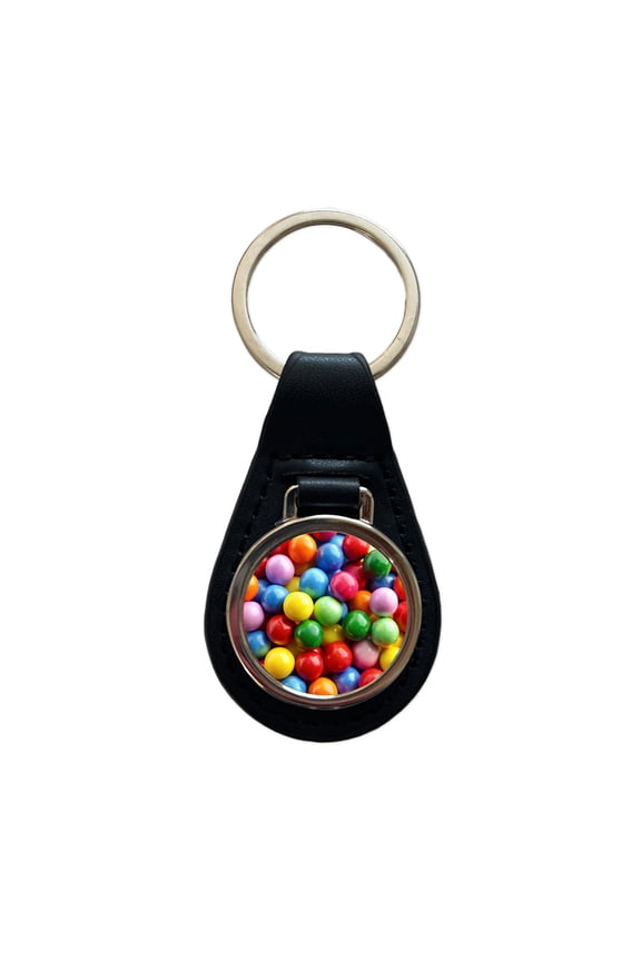 Gumballs Colorful Candy Metal Black Leather Keychain