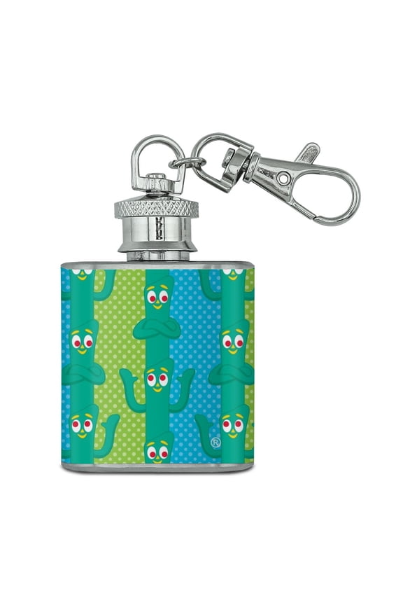 Gumby Fun Blue Green Polka Dots Pattern Stainless Steel 1oz Mini Flask Key Chain