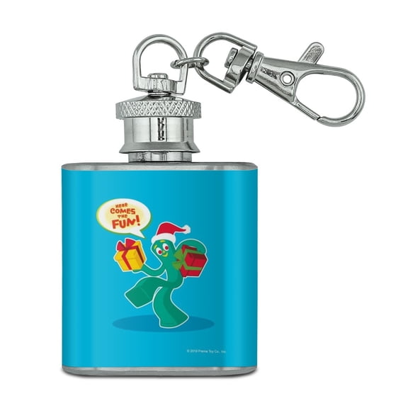 Gumby In Santa Hat With Gifts Here Comes The Fun Stainless Steel 1oz Mini Flask Key Chain