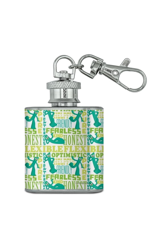Gumby Traits Flexible Optimistic Friendly Pure Fearless Helpful Pattern Stainless Steel 1oz Mini Flask Key Chain