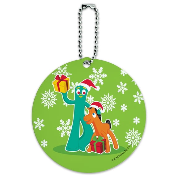 Gumby and Pokey Exchanging Gifts For Christmas Round Luggage ID Tag Card Suitcase Carry-On
