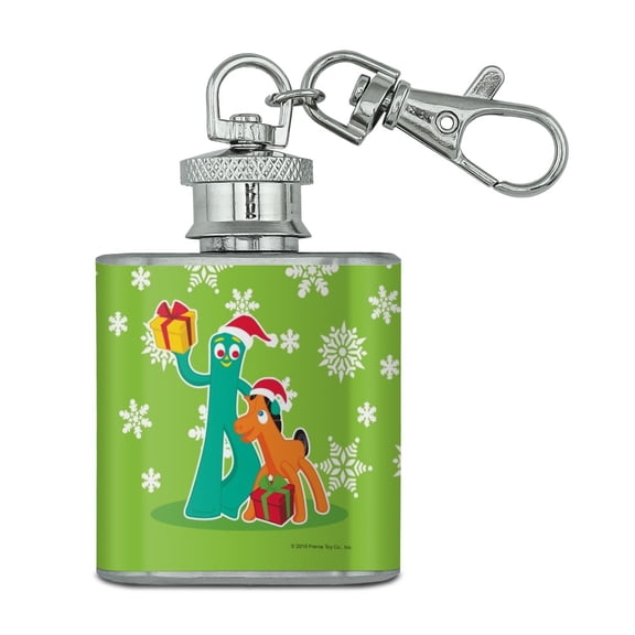 Gumby and Pokey Exchanging Gifts For Christmas Stainless Steel 1oz Mini Flask Key Chain