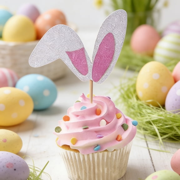 Gumesh 12 Pack Easter Bunny Ear Cake Toppers, Cute Rabbit Ear Decorative Picks for Cupcakes, Desserts, Party Supplies for Spring Holiday Birthday