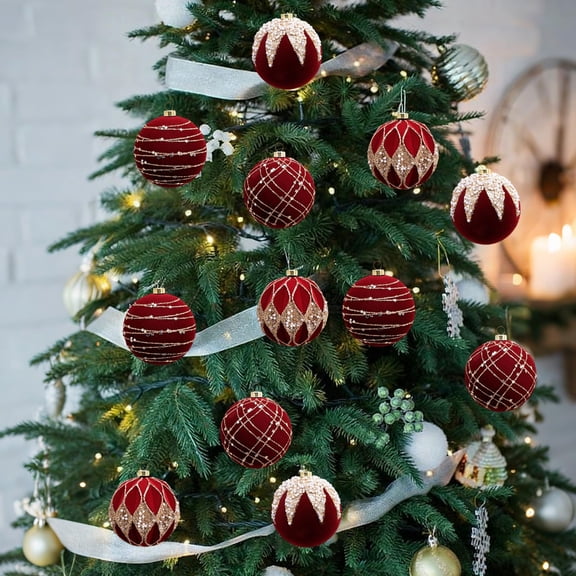 Gumesh 12-Pack Flocked Christmas Ball Ornaments, 2.35 Inch Luxury Velvet-Touch Decor in Gift Box, Premium Red & Gold Tree Ornaments with Ready-to-Gift Elegance