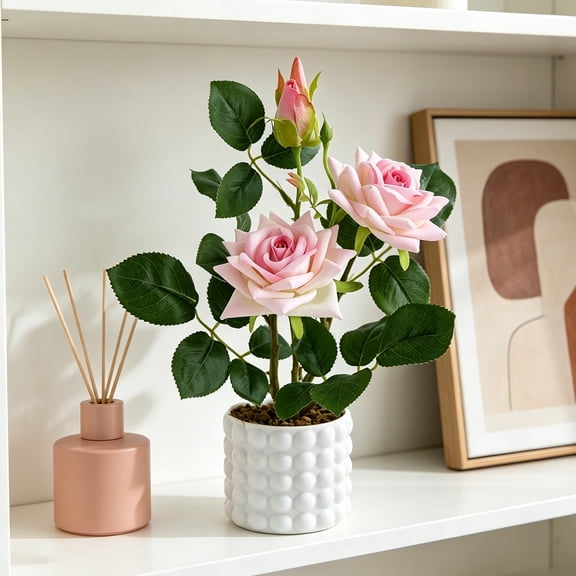 Gumesh 12" Small Fake Pink Roses Tree with Black Pot Indoor Outdoor Faux Plants & Flowers Silk Rose Flower Floral Arrangement for Home Table Kitchen Office Decor
