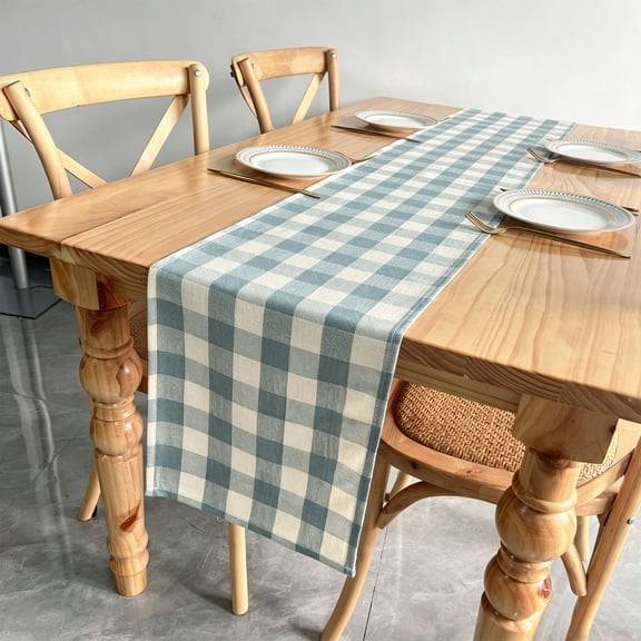 Gumesh 12 x 71 Inch Checkered Cotton Linen Table Runner - Sky Blue and White Disposable Rectangle Table Cover for Dining, Birthday Party,Classic Checker Indoor Outdoor Decorations