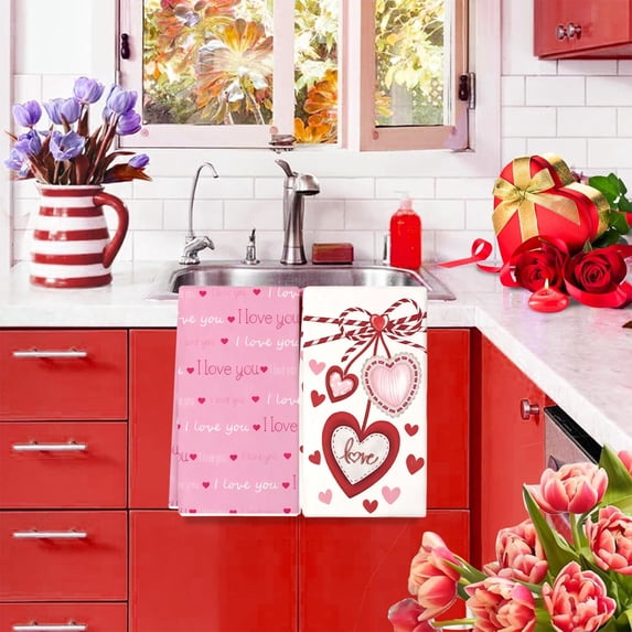 Gumesh 2-Pack Valentine's Day Kitchen Towels, 24x16 Inch Absorbent Cotton Drying Cloths for Dishes & Hands, Fun Themed Tea Towels for Cooking & Decor