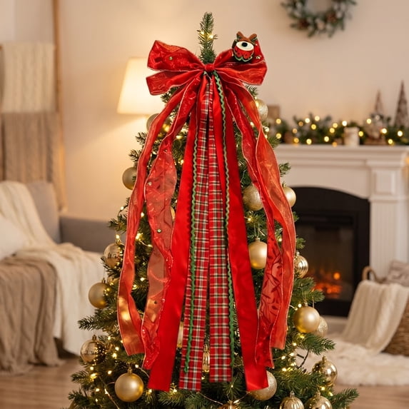 Gumesh 2 Pcs Christmas Ribbon Bow for Wreath Large Red Wreath Sash for Front Door Xmas Tree Topper Bow Ribbons Bundle Assorted Sash for Party Indoor Outdoor Decoration