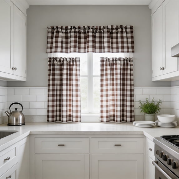 Gumesh 3 Piece Semi Kitchen Curtains - Light Filtering Buffalo Plaid Tier and Valance Window Curtains Set,Gray and White, 54 W x 18 L (1 Panel) + 28 W x 39 L (2 Panels)