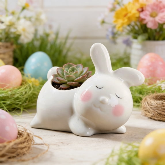 Gumesh 4 Inch Ceramic Bunny Planter, White Novelty Rabbit Pot with Drainage Tray, Cute Animal Shaped Flower Pot for Desktop Shelf, Easter Home Decor