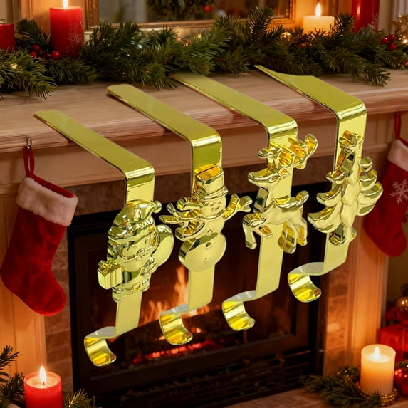 Gumesh 4-Pack Heavy-Duty Stocking Hangers for Fireplace, Extra-Long Christmas Mantel Hooks for Large Stockings, Damage-Free Hanging Clips