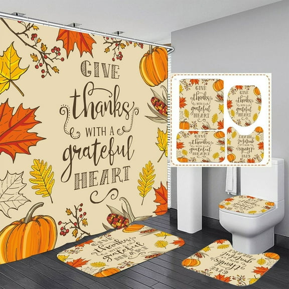 Gumesh 4-Piece Autumn Printed Bathroom Set: Shower Curtain, Non-Slip Mats (Toilet/Bath), Waterproof Floor Mat