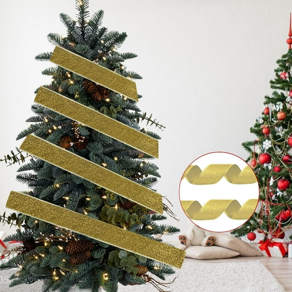 Gumesh 6.5ft Gold Tinsel Ribbon and Satin Ribbon Roll for Christmas Tree Decor, Gift Wrapping, Crafts and Bow Making