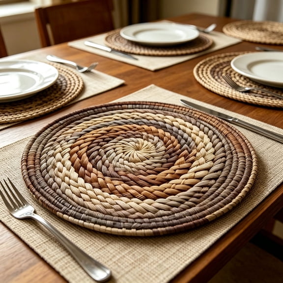 Gumesh 6Pcs 15" Round Woven Rattan Placemats,Natural Hand-Woven Water Hyacinth Placemats,Farmhouse Weave Place Mats,Rustic Braided Wicker Table Mats