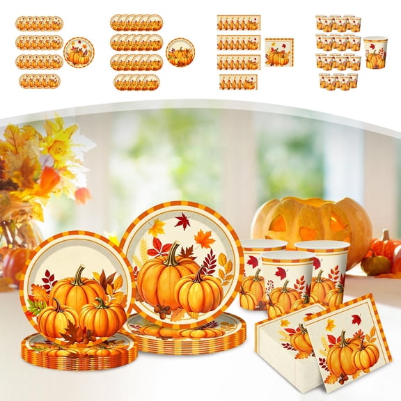 Gumesh 96 Pcs Fall Pumpkin Maple Tableware Party Supplies Set – Disposable Autumn Harvest Paper Plates, Napkins, and Cups, Thanksgiving Day Dinnerware for Friendsgiving Gatherings Decor