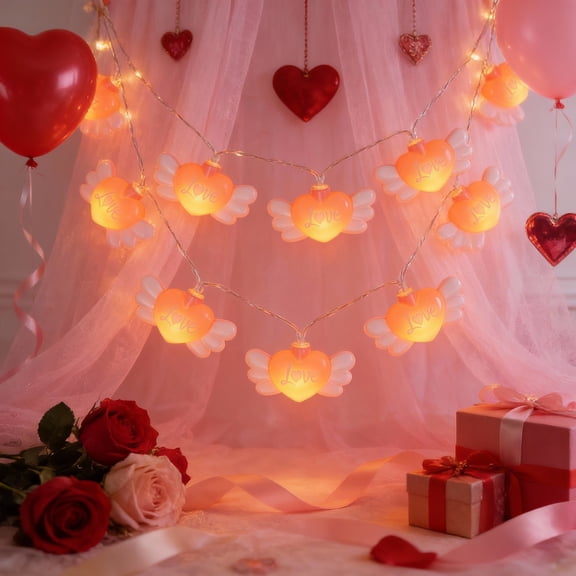 Gumesh Angel Wing Heart String Lights - 5ft 10 LED Fairy Lights with Feather Decor, Battery Operated for Valentine‘s Day, Birthday, Proposal, Bedroom Romantic Decor