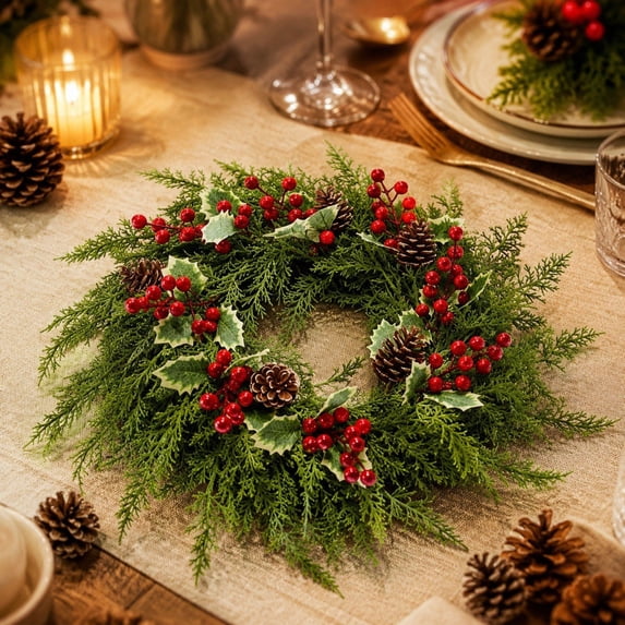 Gumesh Artificial Christmas Wreath for Front Door - 10 Inch Winter Wreaths with Red Berries Faux Greenery for Wall Window Porch Farmhouse Home Holiday Indoor Outdoor Decor