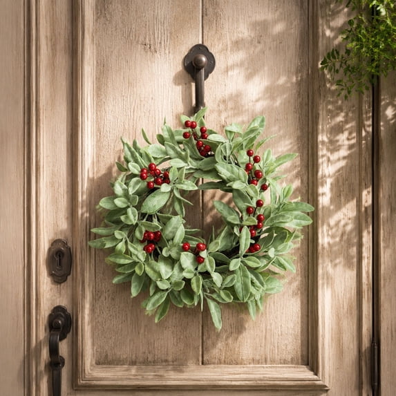 Gumesh Artificial Christmas Wreath for Front Door - 10 Inch Winter Wreaths with Red Berries Faux Greenery for Wall Window Porch Farmhouse Home Holiday Indoor Outdoor Decor