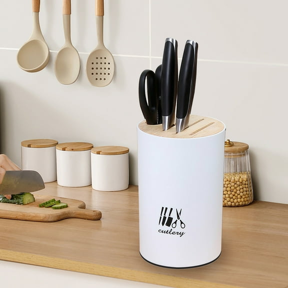 Gumesh Bamboo & Wood cover Knife Storage Rack - Detachable 3-Slot Knife Holder with Drainage Tray, Countertop Stand for Kitchen Organization (Natural)