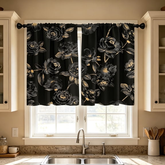 Gumesh Black and Gold Kitchen Window Curtain Panels Short Small Cafe Mini Dark Floral Flower Gothic Goth Decorative Drapes Rod Pocket 27.5x39 Inches Bathroom Bedroom Home Set for Living Room Decor