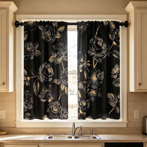 Gumesh Black and Gold Kitchen Window Curtain Panels Short Small Cafe Mini Dark Floral Flower Gothic Goth Decorative Drapes Rod Pocket 27.5x59 Inches Bathroom Bedroom Home Set for Living Room Decor