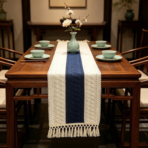 Gumesh Boho Table Runner Summer Farmhouse Rustic Dining Kitchen Centerpiece Decor Small Macrame Woven Cotton Linen Coffee Table Runner for Dresser Scarf Home Decor 12x47 in