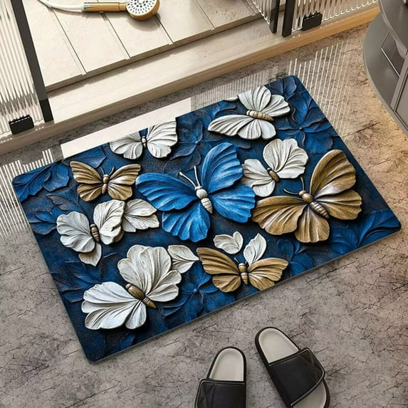 Gumesh Butterfly Themed Entryway Rug, Non-Slip Floor Mat with 3D Floral Design for Front Door & Bathroom, Washable Low-Profile Doormat