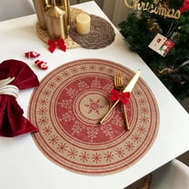 Gumesh Christmas Placemats Set of 6, Round Woven Table Mats with Snowflake & Reindeer Design, Red Scrubbable Holiday Dining Mats