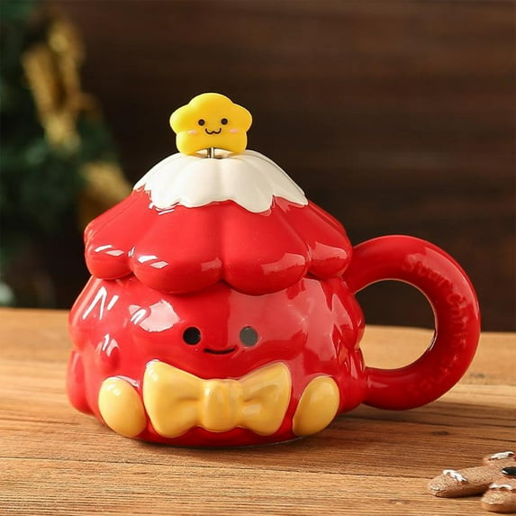 Gumesh Christmas Tree Ceramic Mug with Lid - 14oz Large Capacity Coffee Cup with Stir Stick, Cute Holiday Gift for Office, Home, Christmas Party Gifts