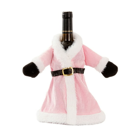 Gumesh Christmas Wine Bottle Cover Set - Pink Gingham Skirt Dress with Faux Fur Trim & Bow for Table Decor, Holiday Gift Wrap, Wine Bottle Holder