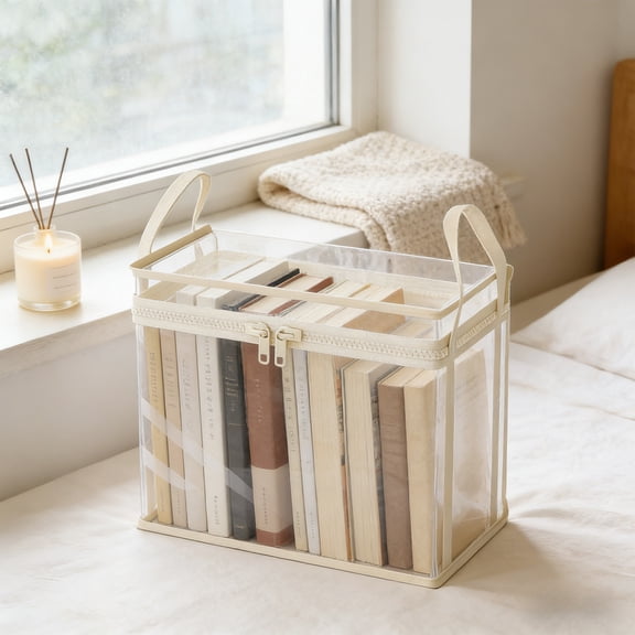 Gumesh Clear Plastic Storage Box, Transposable Book Organizer Bin with Lid, Stackable Container for Home, Classroom, Office, Shelf (Clear, 15x9x13 Inch)