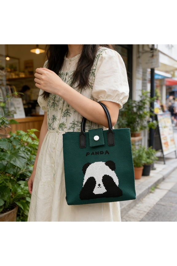 Everyday Panda Tote Bag – Soft Rubber Handle Casual Tote for Women, Lightweight Spacious Handbag for Work, Errands, Weekend Outings (Army Green)