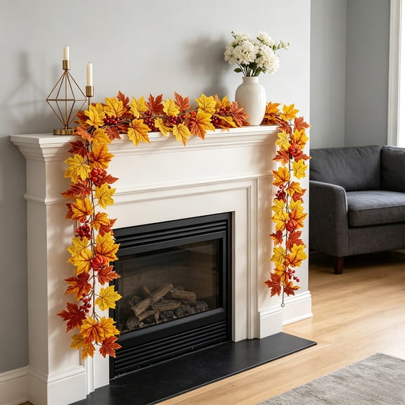 Gumesh Fall Maple Leaves Garland, 5.7FT Artificial Thanksgiving Maple Leaf Autumn Garland Hanging Fall Vines Table Decorations for Thanksgiving Front Door Mini Pumpkin & GIVE Thanks Banner Decor