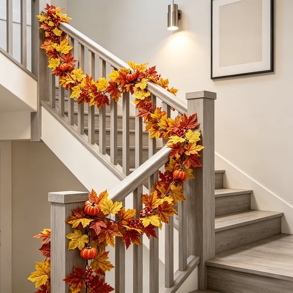 Gumesh Fall Maple Leaves Garland, 5.7FT Artificial Thanksgiving Maple Leaf Autumn Garland Hanging Fall Vines Table Decorations for Thanksgiving Front Door Mini Pumpkin & GIVE Thanks Banner Decor
