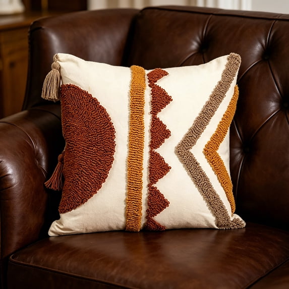 Gumesh Farmhouse Embroidered Decorative Throw Pillow Cover 18x18 inches, Boho Tufted Flowers Embroidery Pattern Chic Cotton Cushion Case for Couch Bed Sofa Living Room(Brown)