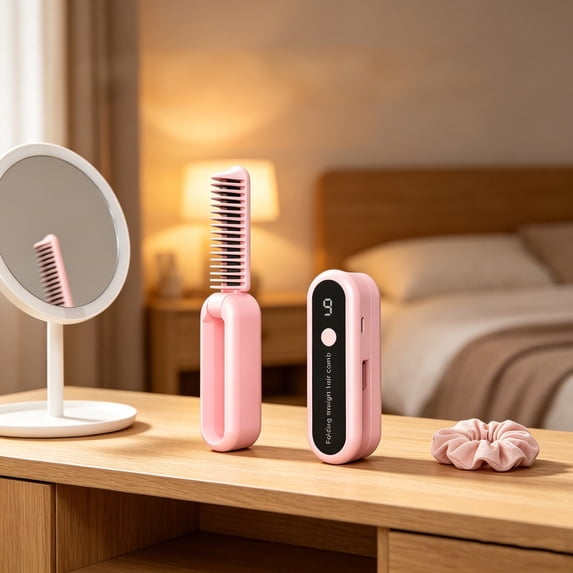 Gumesh Foldable Hair Straightener Brush, Portable Cordless Mini Straightening Brush for Travel, Negative Ion Hot Comb Hair Straightener for Women, Anti-Scald Ceramic,Pink