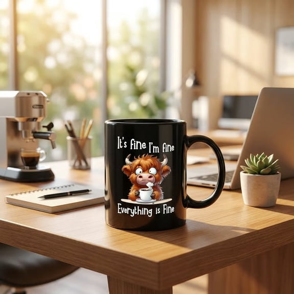 Gumesh Funny Highland Cow Coffee Mug – Ceramic Tea Cup with "I‘m Fine. Everything is Good" Saying, Cute Fluffy Cow Face Design, Novelty Gift for Cow Lovers,Birthday Present (Black)