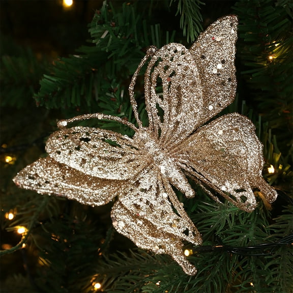 Gumesh Glitter Butterfly Christmas Branches with Gold Sequins, 6-Pack Sparkling Floral Arrangement Stems, Decorative Winter Branches for Centerpieces and Wreaths
