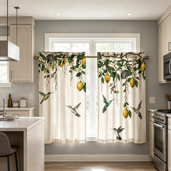 Gumesh Green Leaves Hummingbird Kitchen Curtain 28W X 47L Inch 2 Panel Rod Pocket Eucalyptus Bird - Small Short Cafe Tier Curtains Floral Over Sink Window Drapes Bathroom Decor